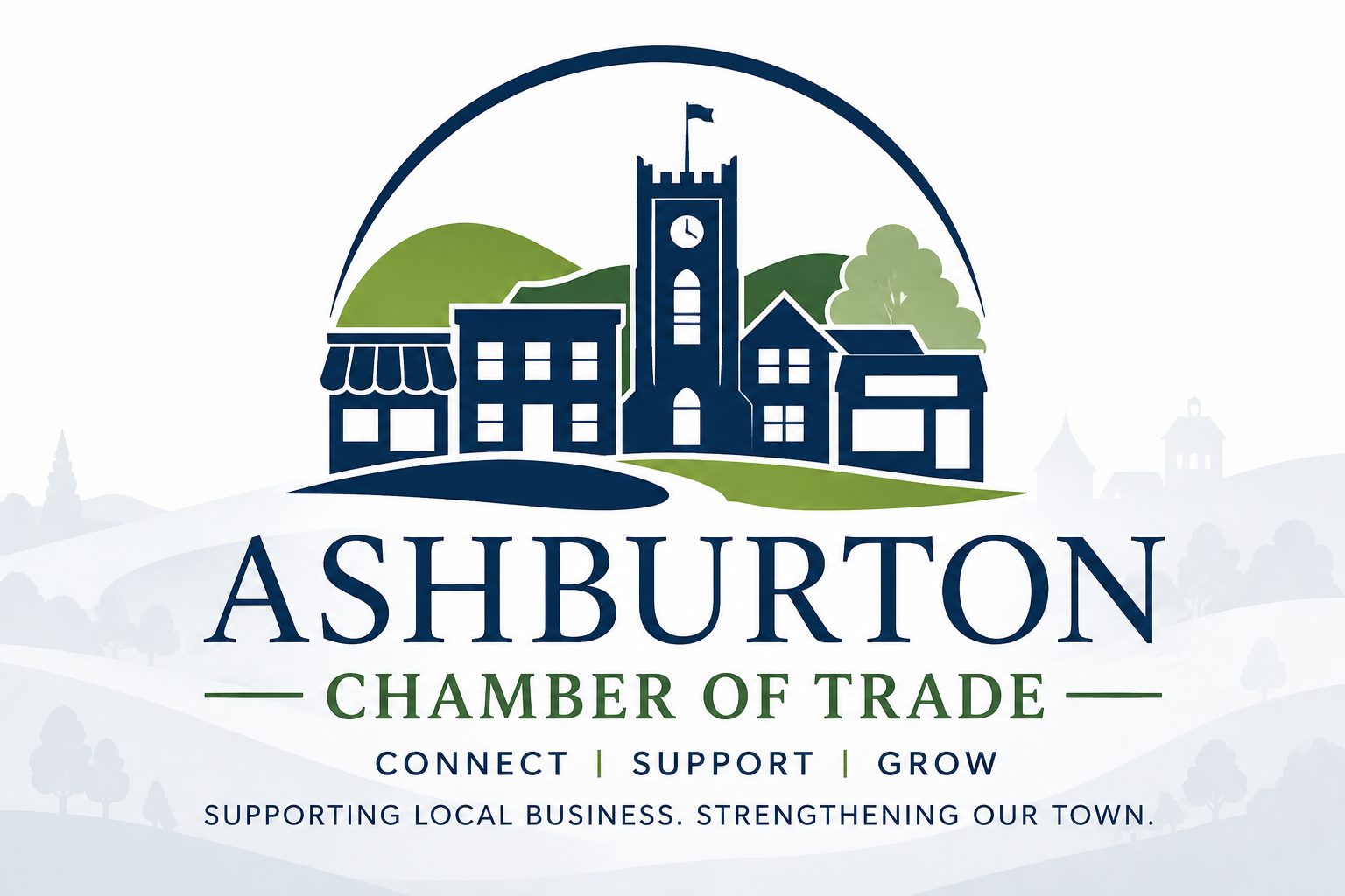 Illustration of town buildings, a church and trees with the text "Ashburton Chamber of Trade" beneath
